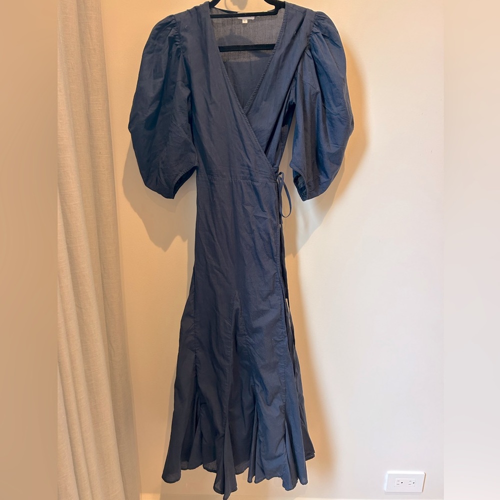 RHODE Fiona Wrap Midi Dress Navy Size Small Puff Sleeve 100% Cotton